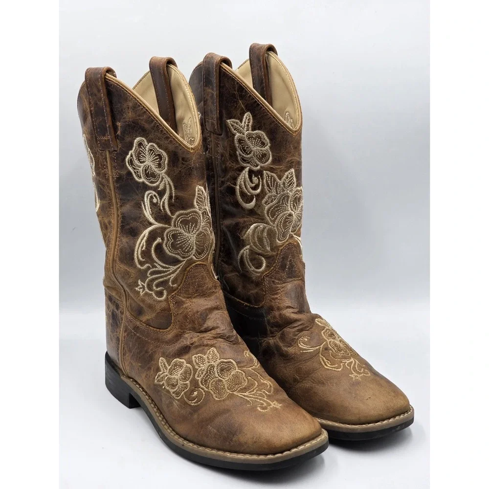 Shyanne Girls Brown Distressed Leather Floral Embroidered Cowboy Boots Size 3 D